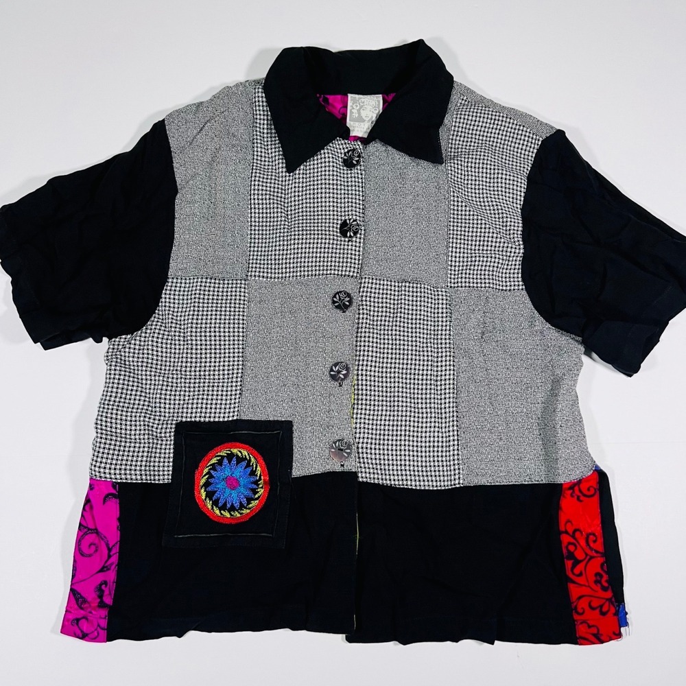 Vintage Globe Trotter Bali Shirt Small Patchwork Embroidered Art to Wear 90s